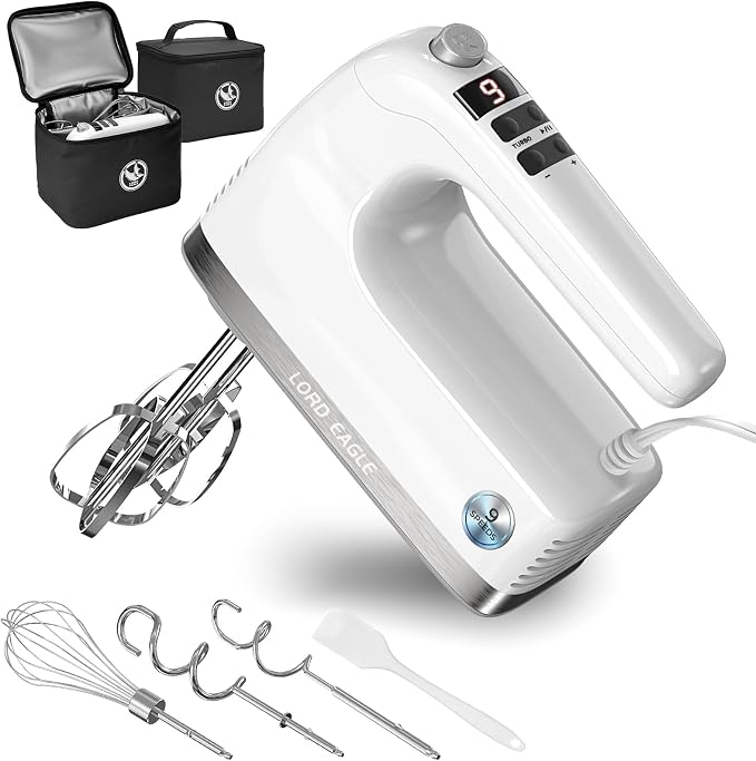 Lord Eagle 9-Speed Digital Hand Mixer Electric Handheld, 500W DC Motor Kitchen Mixer for Cake Baking, Lightweight Egg Beaters with Stain-resistant & Waterproof Storage Bag & 6 Accessories