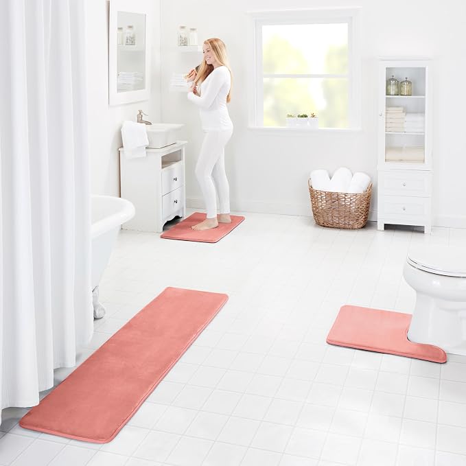 Memory Foam Bath Mat Non Slip Absorbent Super Cozy Velvet Bathroom Rug Carpet (17 inches X 24 inches, Peach)