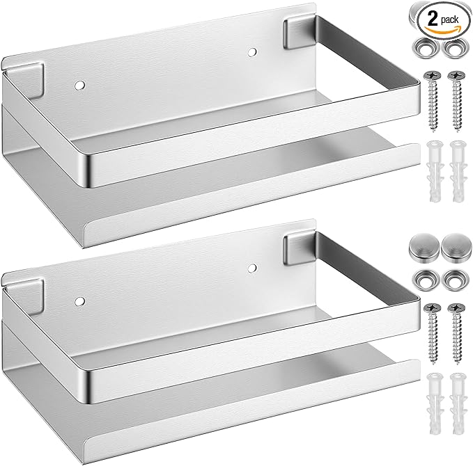 Lallisa 2 Pieces Stainless Steel Shelf Bathroom Shower Floating Shelves Wall Mounted Shower Caddy Basket Shelf Storage Organizer Shelves for Bathroom, Kitchen, Living Room(7.87 Inches/ 20 cm,Silver)