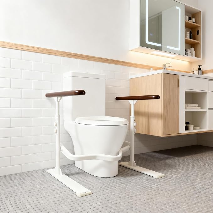 Toilet Safety Rails for Seniors - Toilet Safety Frame with Nighttime Reflective Armrests & Base, 3-Speed Height Adjustment, Toilet Support Frame Fits Most Toilets (Brown)