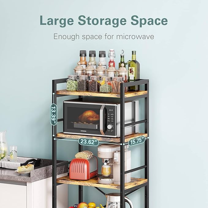 Denkee 5-Tier Bakers Rack with Storage, Kitchen Microwave Stand Shelf, Coffee Bar for Small Spaces, Free Standing Kitchen Storage Shelf Rack, 23.62" L x 15.75" W x 60.24" H