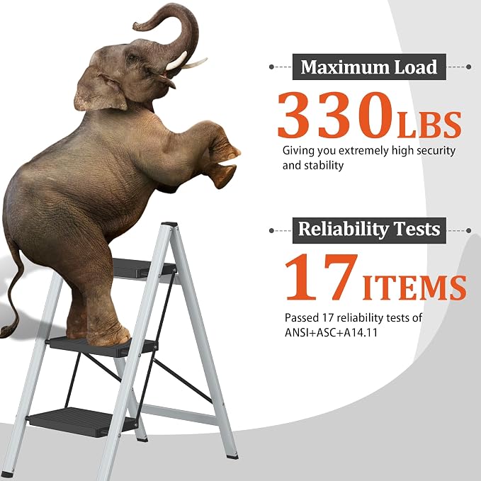 DIAMONDFORGE 3 Step Ladder, Lightweight Folding Step with Wide Anti-Slip Pedal & Feet, 330 lbs Capacity,Sturdy Steel Step Ladder for Home,Office and Library,Gray Black