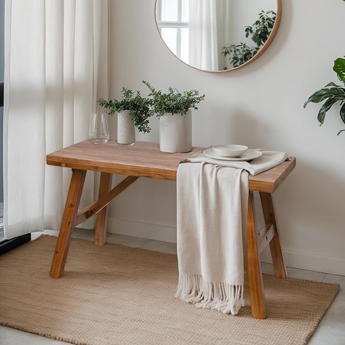 Handcrafted Solid Wood Bench, 30" - Farmhouse-Style Burnt Brown Entryway Seating for Living & Dining Room, Rustic Design, Natural Finish