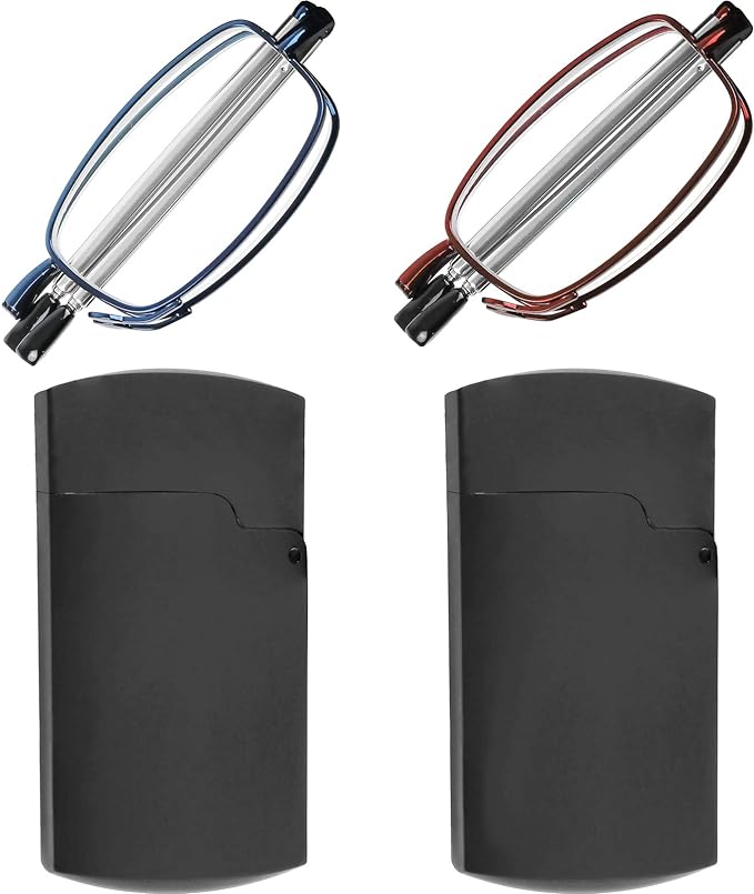 Success Eyewear Reading Glasses 2 Pair Black and Gunmetal Readers Compact Folding Unisex Glasses for Reading Case Included