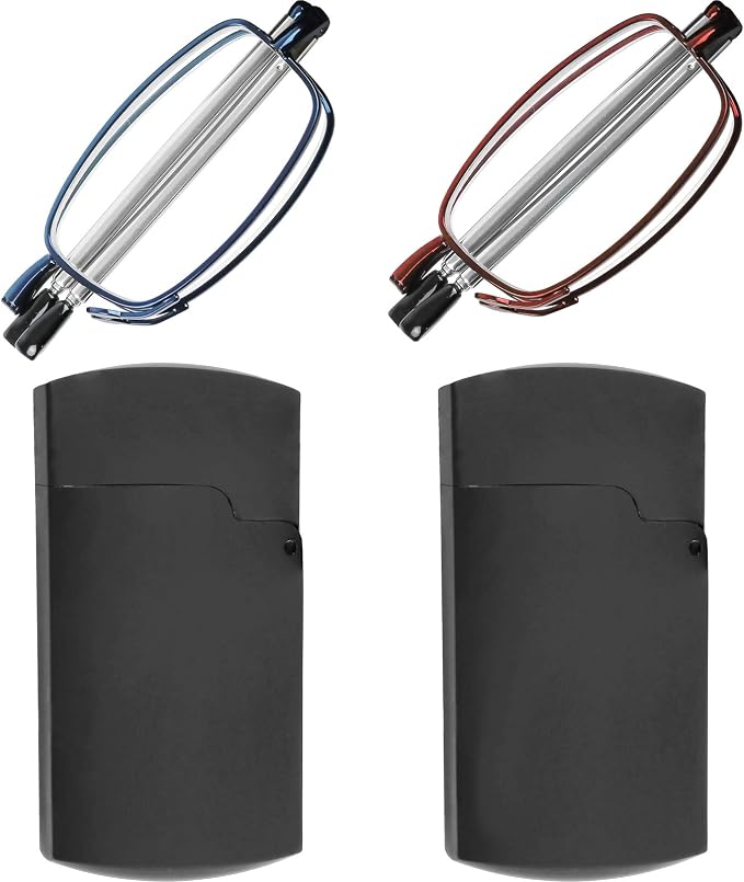 Success Eyewear Reading Glasses 2 Pair Black and Gunmetal Readers Compact Folding Unisex Glasses for Reading Case Included