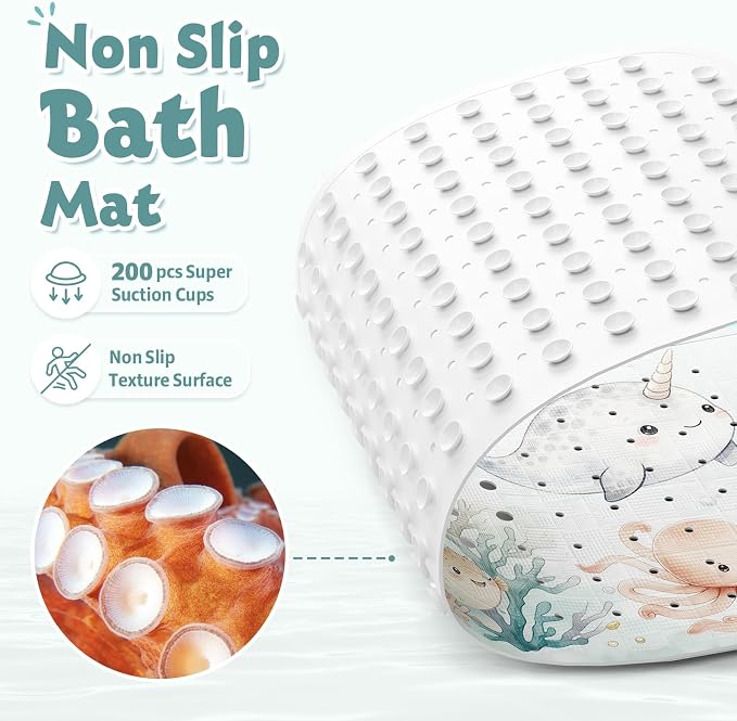 XIYUNTE Baby Bath Mat for Tub Non Slip Kids, BPA Free Extra Long Bathtub Mat 40x16 with Drain Holes and 200 Suction Cups, Non Toxic Machine Washable Toddler Bath Mat, Eco-Friendly Certified