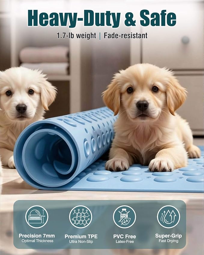 Non Slip TPE Bath Mat, Heavy Non Floating Shower Mat, 28x16, Blue | Strong grip, 166 suctions, 144 drains, 7mm extra-thick cushioned layer, washable, for bathroom shower tub floor