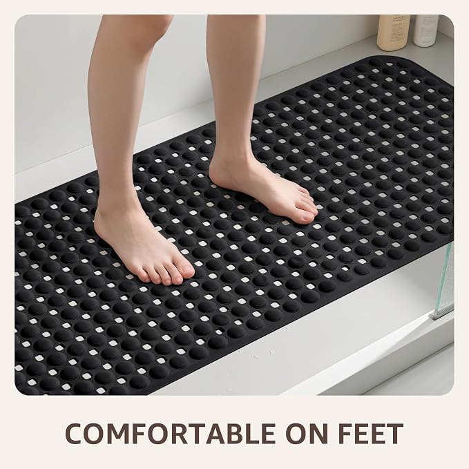 OTHWAY Bath Tub Shower Mat Non Slip, Bathtub Floor Liner Mats for Inside Shower Bathroom, Suction Cups and Drain Holes for Feet Scrubbing, Machine Washable, Soft on Feet, 35x16 Inch, Black