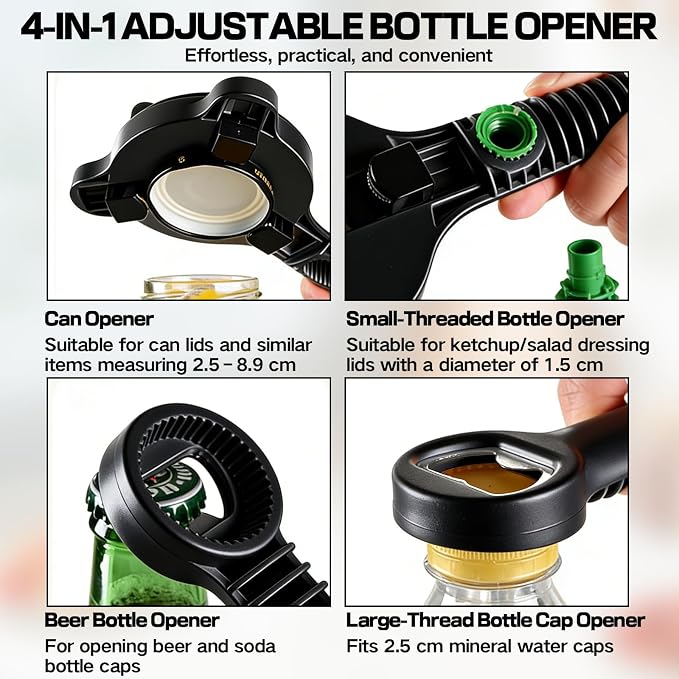 Multi-Size 4-in-1 Adjustable Jar Opener, Heavy Duty Stainless Steel Jar Lid Opener, Ergonomic Labor-Saving Kitchen Tool for Seniors, Women, Kids, Home Cooks & Anyone with Weak Grip (1PC)