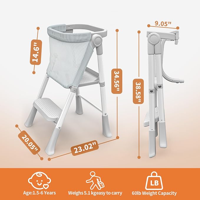 Toddler Step Stool Foldable, Kids Step Stools for Kitchen Counter, Foster Independence Learning Stool with Safety Guards&Net, Toddler Sturdy Standing Tower Kitchen Helper, Grey