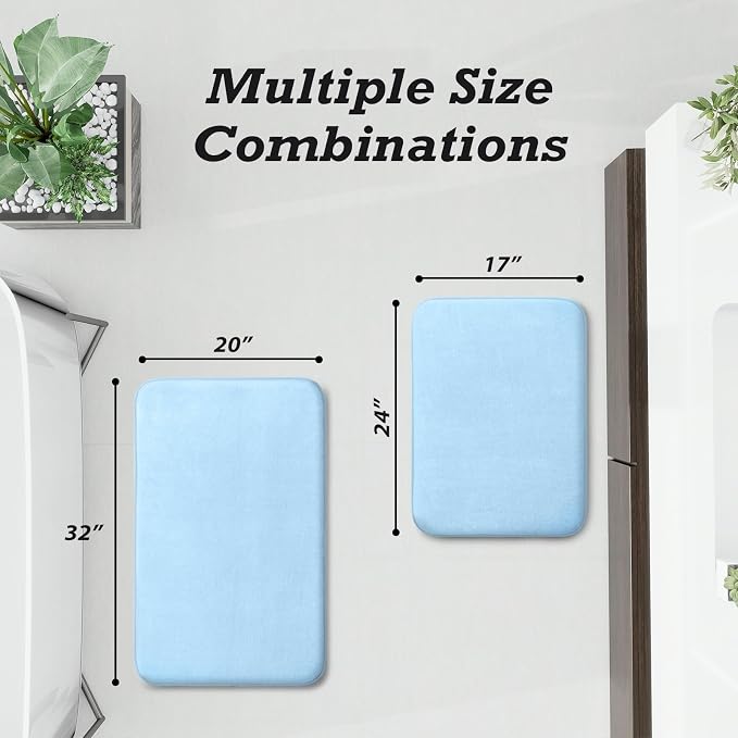HUXMEYSON Bathroom Rugs Sets 2 Piece, Non-Slip & Quick Dry Bath Mat Set, Ultra Soft Velvet Bath Rugs for Bathroom, Toilet and Shower Floor, Light Blue