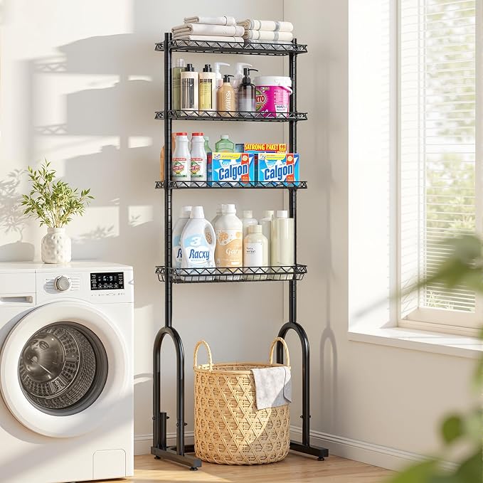 EAGMAK Over The Toilet Storage Rack, 4-Tier Bathroom Organizer with Adjustable Shelves & Basket, Rust-Resistant Metal Over Toilet Shelf for Small Bathroom Space Saving, Black