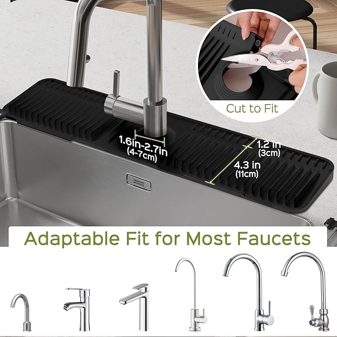 24 Inch Silicone Faucet Mat for Kitchen Sink Splash Guard – Upgraded Draining Mat with Water Tray Behind Faucet – Countertop Protectors to Catch Spills (Black, 24" x 5.5" )