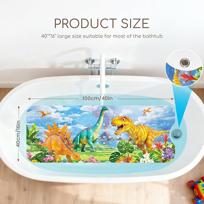 Baby Bath Mat for Tub, Non Slip Kids Bath Shower Mat, 40 X 16 Inch Large Bathtub Mat with Drain Holes and Suction Cups for Toddlers, Machine Washable and Waterproof (Dinosaur)