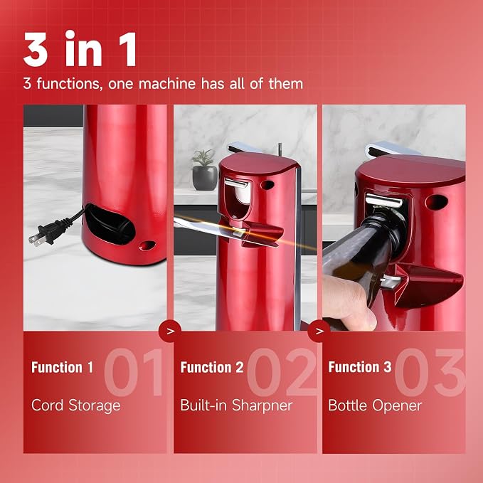 Davivy Electric Can Opener, One Touch Lid Opener, Removable Stainless Steel Cutter and 3-in-1 Design, with Sharpener and Bottle Opener (Stainless Steel-Red)