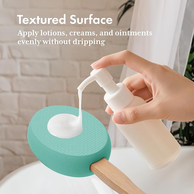 AmazerBath Lotion Applicator for Back, Feet, 4 Replacement Pads with 17" Curved Handle, Back Sunscreen Applicator for Kids, Elderly, Women, Apply Skin Cream Medicine Moisturizer Tanner, Apple Green