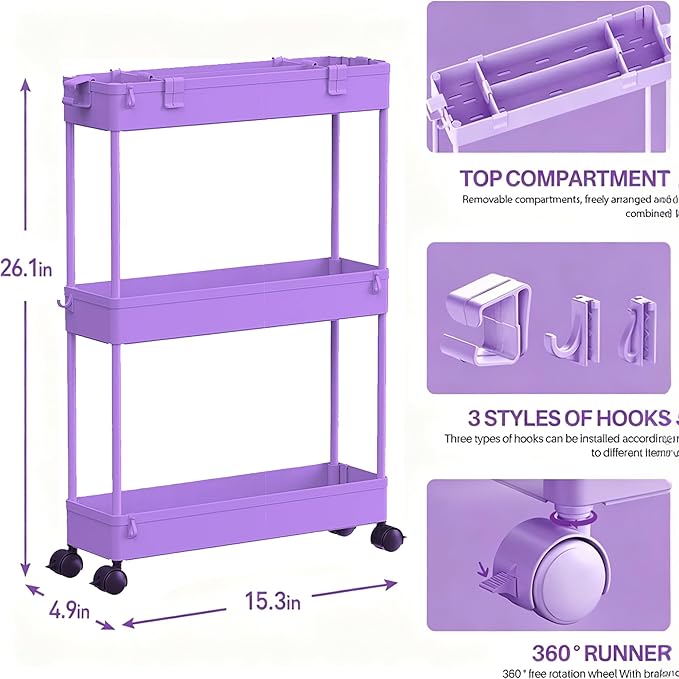 SPACELEAD Slim Storage Cart 3 Tier,Bathroom Organizer Rolling Utility,Mobile Shelving Unit Slide Out for Office, Kitchen, Laundry Room & Narrow Places,Purple