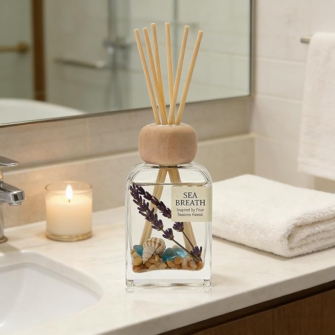 Sea Salt Reed Diffuser for Bathroom & Bedroom - 3.38 Fl Oz, Ocean Breeze Home Fragrance for Women, Coastal Beach Decor with Seashells, Spa Aromatherapy, Non-Toxic Long Lasting & Gift Ready