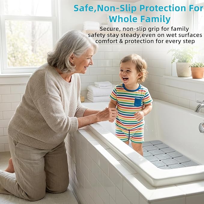 Yanzifly Non-Slip Silicone Bathtub Mat – Foldable, Machine Washable, Durable & Eco-Friendly Bath & Shower Mat with Strong Suction Cups, Large Drain Holes, Ideal for Family Use, 14.9 x 27.5in, Grey