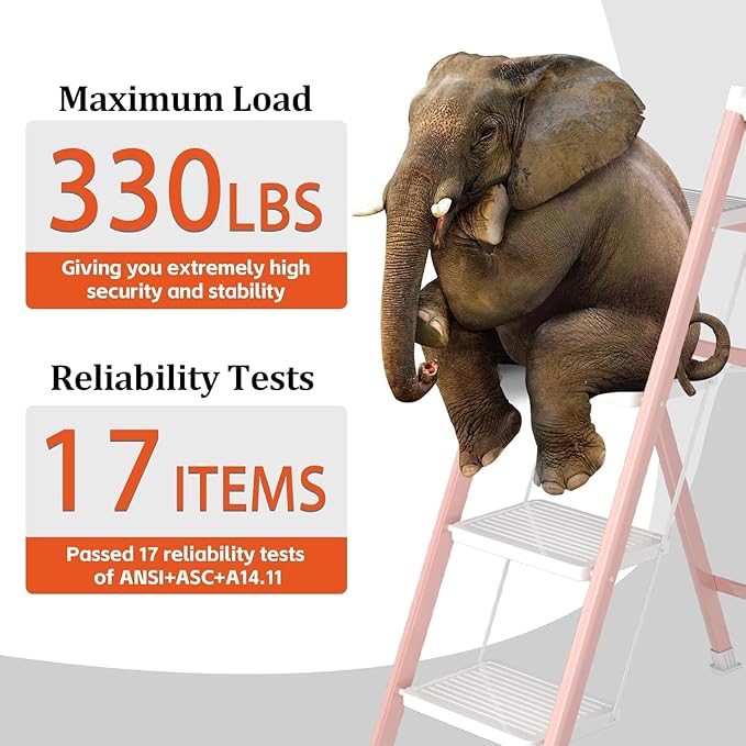 DIAMONDFORGE 4 Step Folding Ladder, Heavy Duty Steel Step Stool with Anti-Slip Wide Pedal & Feet, 600 lbs Capacity, Safety Ladder for Home and Office, Pink White