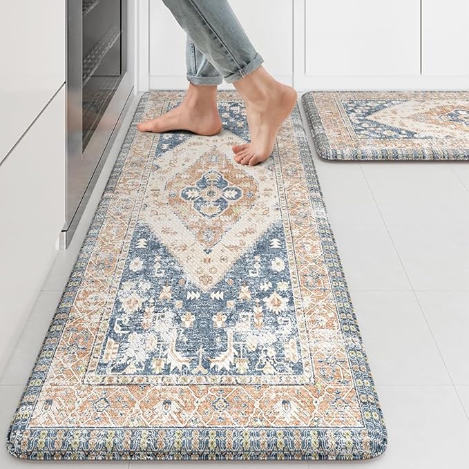 KIMODE Kitchen Rugs and Mats 2PCS Cushioned Anti Fatigue Kitchen Mat Non Slip Paded Kitchen Runner Rug Boho Vintage Mats Blue Gold Rugs for Kitchen Floor, Home Decor, Office, Laundry, Desk, Bathroom