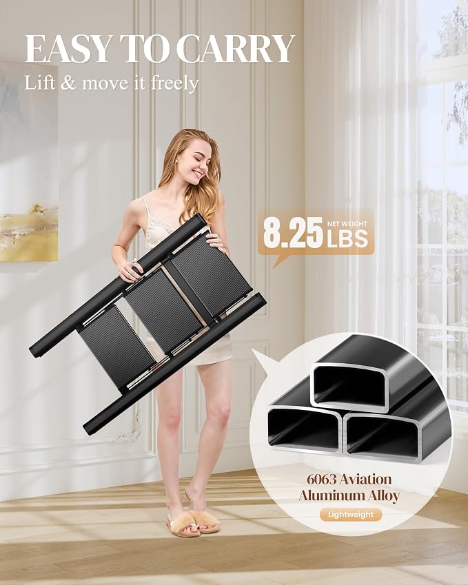 3 Step Ladder, Folding Step Stool with Wider Pedal, Anti-Slip Feet & Non Slip Stripes, Aluminum Sturdy Material, 300Lbs Capacity, Elegant Look of Piano Black Better Matches Your Home