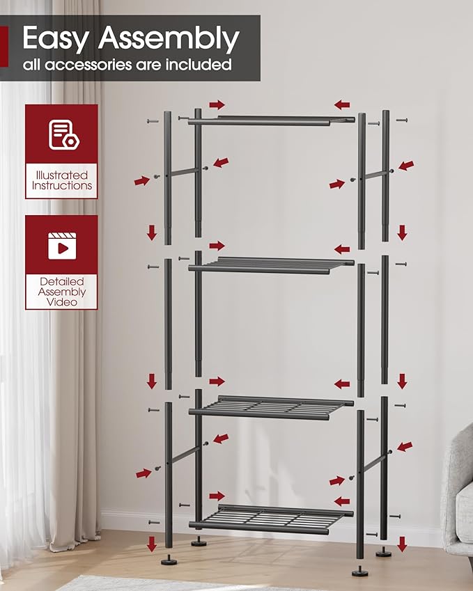 Sakugi Storage Shelves - 4 Tier Shelf Organizer, Sturdy Metal Garage Shelving with Adjustable Leveling Feet, Space-Saving Shelves Organizer for Pantry, Laundry, Kitchen (18" x 12" x 44", Black)