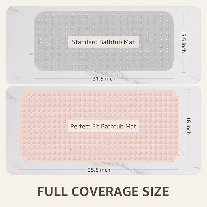 OTHWAY Bath Tub Shower Mat Non Slip, Bathtub Floor Liner Mats for Inside Shower Bathroom, Suction Cups and Drain Holes for Feet Scrubbing, Machine Washable, Soft on Feet, 35x16 Inch, Light Pink