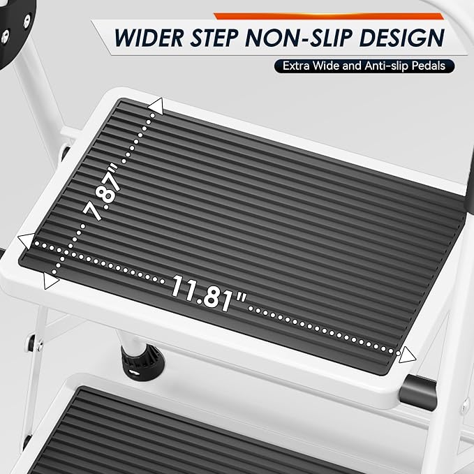 Urackify Step Ladder, 2 Step Ladder with Anti-Slip and Wide Pedal, Portable Foldable Step Stool with Handgrip, Sturdy Step Ladder for Home Kitchen Household, White