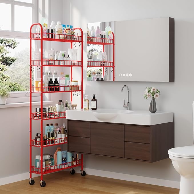 Slim Rolling Storage Cart 6 Tier, Metal Kitchen Rolling Utility Cart with Lockable Wheels for Kitchen, Bathroom, Office, Laundry Room, Small Narrow Spaces (Red 6 Inches)