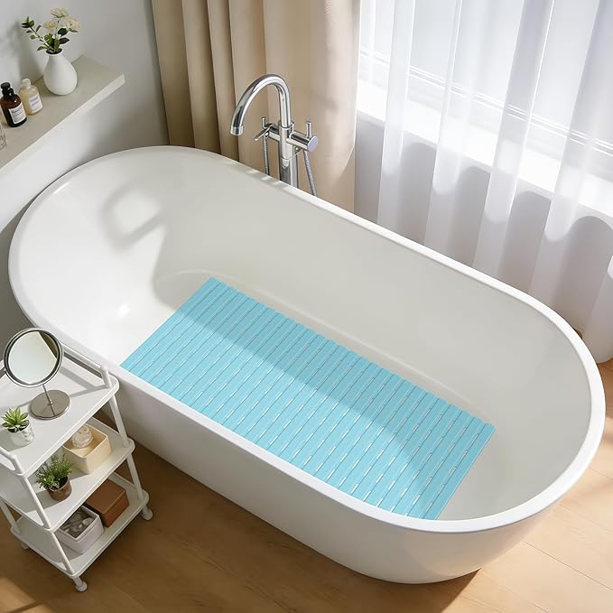 OTHWAY Shower Mat Non Slip, 36.6" x 16.9" Non Slip Soft Bath Mat for Tub, Shower Anti Slip Mat with Suction Cups, Easy to Cut Shower Floor Mat, Machine Washable Bathtub Mat, Light Blue