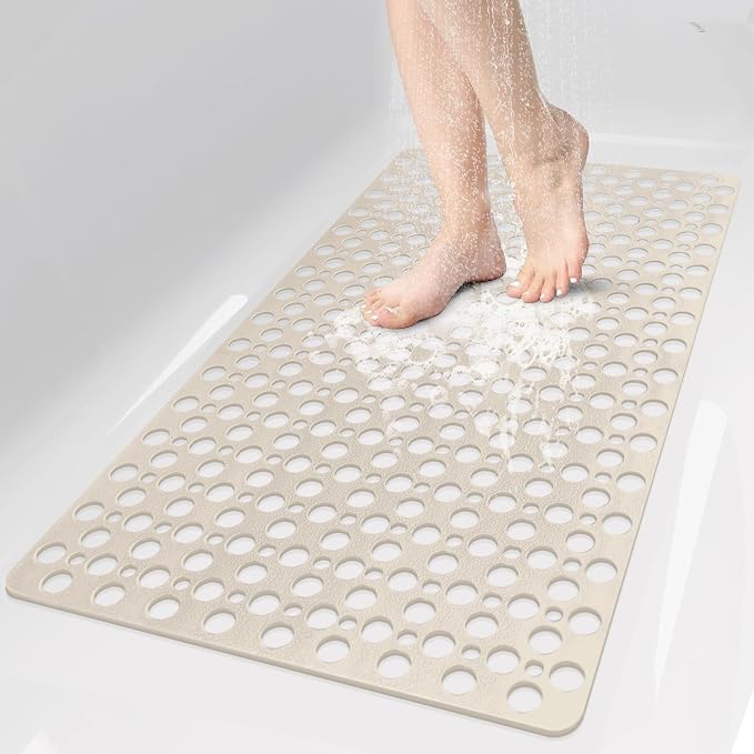 Bathtub Mat Non Slip: 30x17 inch Soft TPE Bath Mat for Tub with Suction Cups and Drain Holes, Efficient Drainage Anti Slip Shower Mats for Inside Shower, Machine Washable, Easy to Dry&Cut