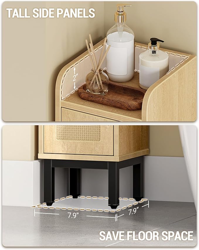 Hzuaneri Slim Bathroom Storage Cabinet, Narrow Bathroom Organizers and Storage with 4 Adjustable Feet, Laundry Room Organization for Small Space, Kitchen, Living Room, 2 Doors Rattan Yellow BC22402Y