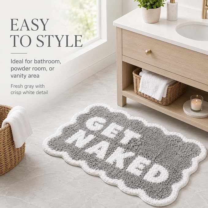 Scalloped Grey Bath Rug, Get Naked Cute Bathroom Rug, Soft Absorbent Quick Dry Bath Mat, TPR Non Slip Backing, Microfiber Mat for Shower Tub Sink Vanity 20" x 31.5"