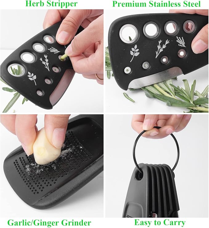 Kitchen Gadgets Set 6 Pieces, Space Saving Cooking Tools Kitchen Accessories-Garlic Grinder, Cheese Grater, Vegetable Peeler, Pizza Cutter, Herb Stripper, Bottle Opener, Gadgets Gift Set (Black)