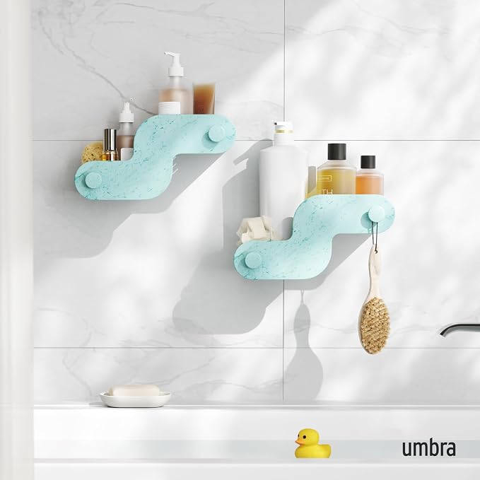 Umbra Nami Shower Caddy Set of 2 – Adhesive Shower Shelf, No Drill Wall Mounted Bathroom Organizer, Rust-Free Plastic Shower Storage Baskets for Shampoo & Toiletries, Ocean Blue