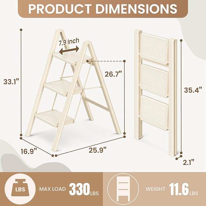 3 Step Ladder Folding Step Stool with Wide Anti-Slip Pedal, 330LBS Capacity, Lightweight Portable Stepladder for Home and Kitchen Use, Cream White