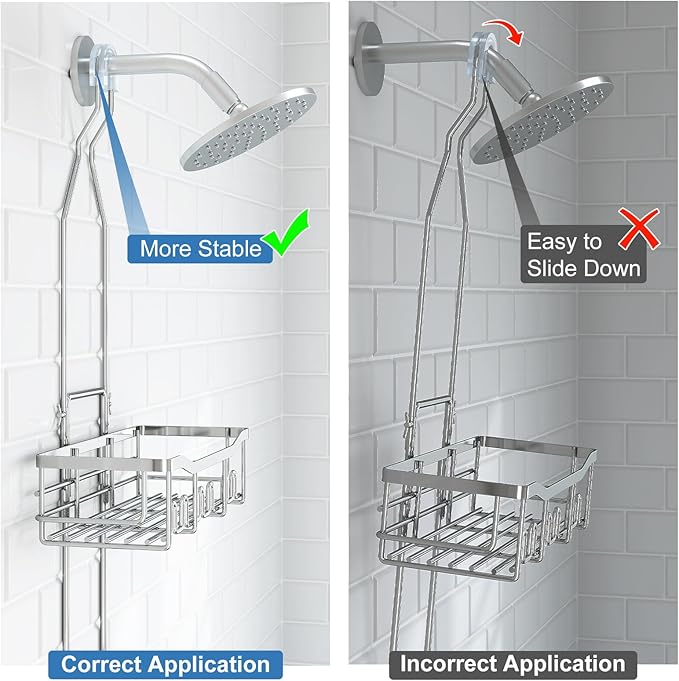 Shower Caddy Hanging for Bathroom: Adjustable Height No Blocking to Shower Head - Rustproof Shower Caddy Over Showerhead - Shower Organizer with Hooks Soap Holder, Silver