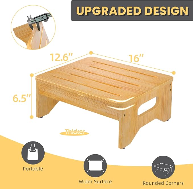 Wooden Step Stool for Adults & Kids, Non-Slip Rubber Feet, 6.5 INCH High, Lightweight Small Step, 450 LBS Capacity, Bed Step Stool for High Bed, Bathroom & Kitchen (Bamboo)