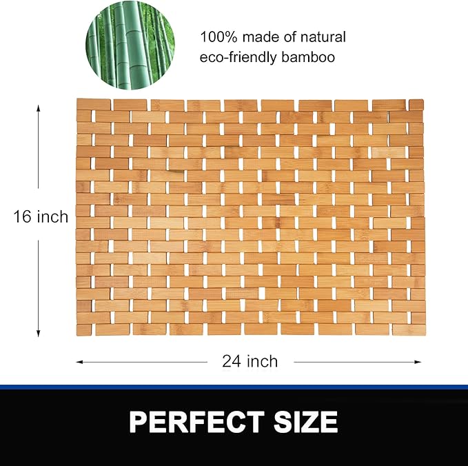 Bamboo Bath Mat Bathroom Rugs Floor Wood Shower Bathtub Waterproof Non Slip Accessories 16x24 Inch Easy to Clean, Natural, 1 pc