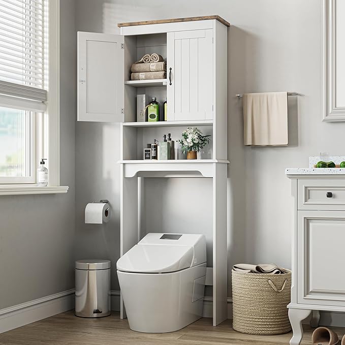 GarveeHome Over The Toilet Storage Cabinet, 66 in H Bathroom Space Saver Organizer with Double Doors & Adjustable Shelves Free Standing Toilet Shelf for Small Bathrooms, Easy Assembly, White