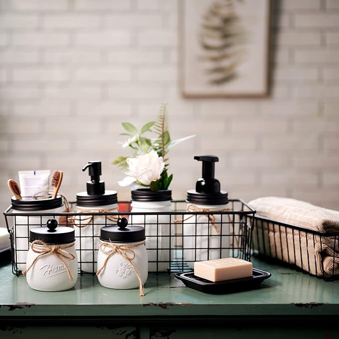 SheeChung 6Pcs Mason Jars Bathroom Accessories Set - Toothbrush Holder, Soap Dispenser, Qtip Holders, Soap Dish, Wire Paper Storage, Farmhouse Bathroom Decor (Rustic White, 6Pcs Bathroom Set)