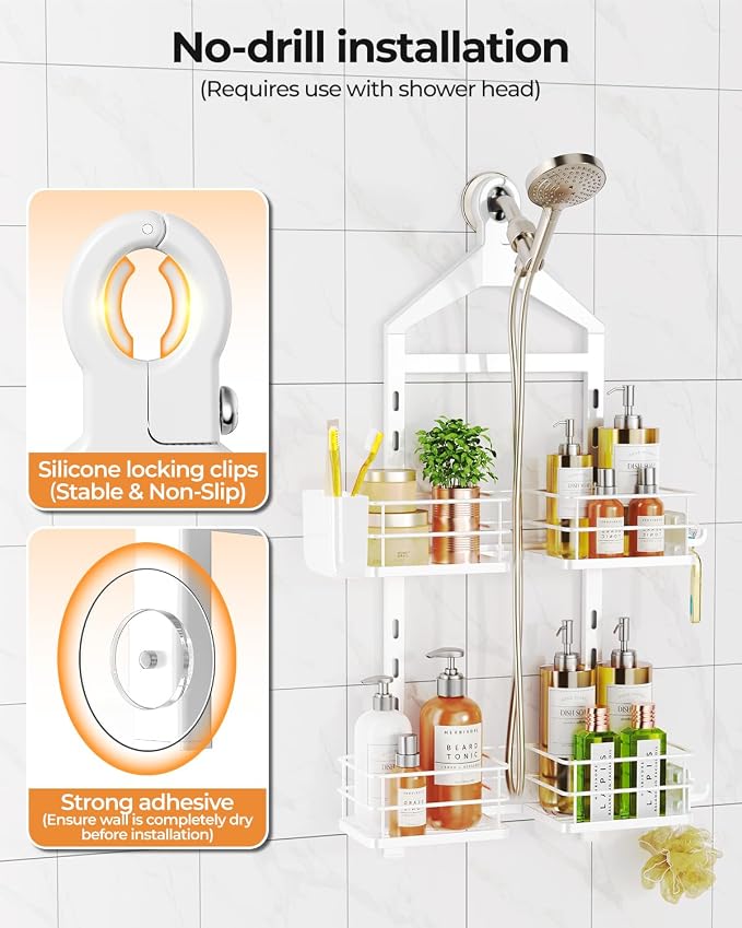 ODesign 2 Tier Height-Adjustable Shower Caddy Hanging Anti-Swing-Over The Shower Head Caddy-Storage Organizer Bathroom Shelves Basket-White