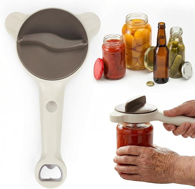 4-in-1 Adjustable Jar Opener for Seniors & Weak Hands - Multifunctional Stainless Steel Can Opener, Bottle Cap Gripper for Arthritis Sufferers - Kitchen Gadgets for Easy Opening（Brown）