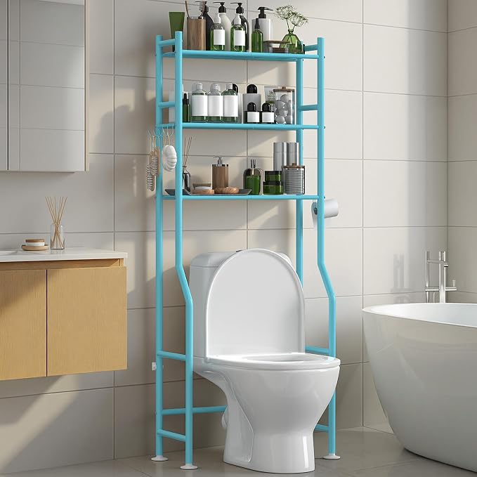 3-Tier Over The Toilet Storage Organizer, Space-Saving Bathroom Rack with Paper Holder & 4 Hooks, 64" Tall Freestanding Carbon Steel Shelf for Small Apartment Laundry Room (Blue)