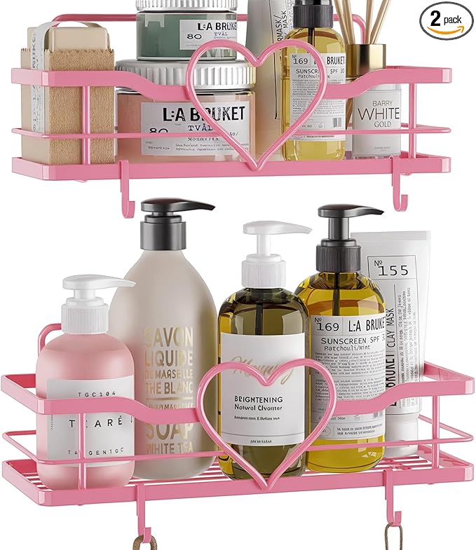 Pink Shower Caddy with 4 Removable Hooks, 2 Pack Sweet Heart Shower Shelves,No Drilling Adhesive Organizer Shelf for Bathroom Shower,Kitchen,Bedroom