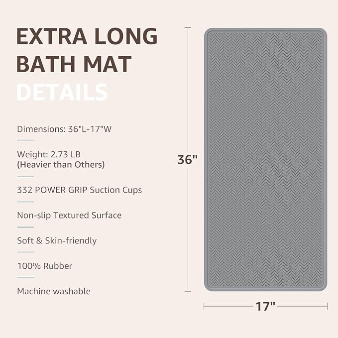 OTHWAY Bathtub Mat Non Slip, Extra Long Rubber Bath Mat for Tub, Machine Washable Shower Anti Slip Mat with 332 Strong Suction Cups (Grey, 36" x 17")
