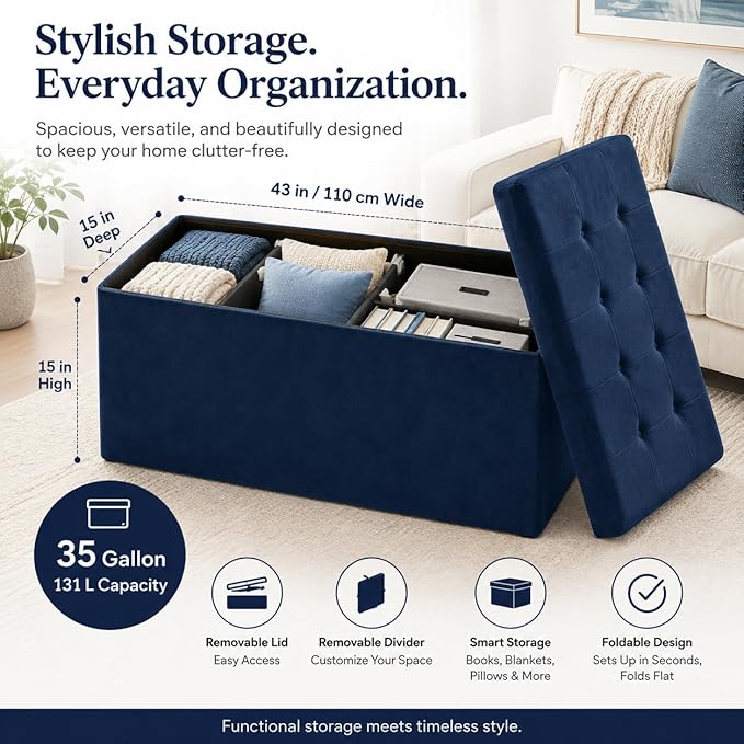 ALASDO 43 Inch Folding Storage Ottoman Bench with Hidden Storage, Velvet Storage Ottoman Foot Rest Stool, End of Bed Bench for Bedroom, Living Room, Entryway and Closet, Navy Blue