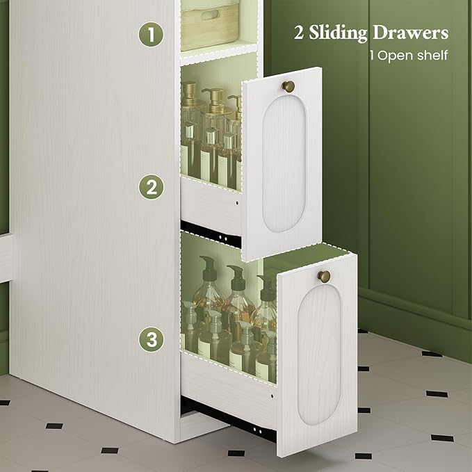 7-Tier L-Shaped Over the Toilet Storage Cabinet with Doors, 2 Large Drawers, Tissue Holder & Towel Holder, Bathroom Over Toilet Storage Cabinet with Adjustable Shelf for Bathroom, White