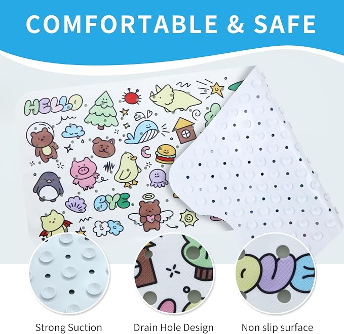 Baby Bath Mat for Tub Non Slip Kids Bathtub Mat Extra Long 40X16 Inch Toddler Bath Tub Shower Mat Anti Slip with Suction Cups & Drain Holes, Machine Washable (Cartoon)